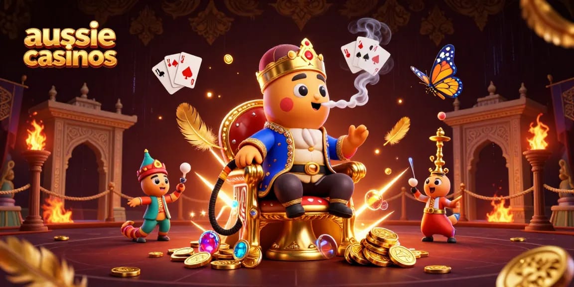 Aussie casinos feature a vibrant 3D scene with a caterpillar hookah-master amidst gold coins and poker symbols.