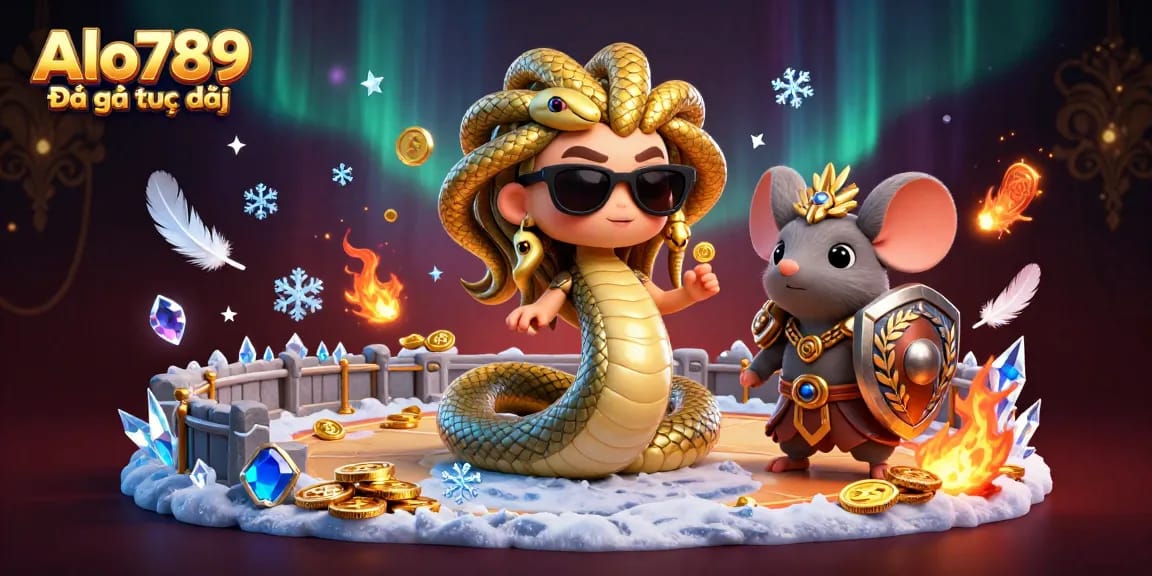 Alo789 Đá gà trực tiếp showcases an exciting arena scene with Medusa and a warrior mouse, featuring vibrant game elements.