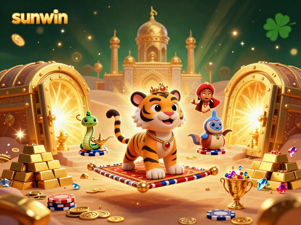 Experience the thrill of sunwin with a dazzling 3D cartoon scene filled with gold, jewels, and vibrant casino elements.