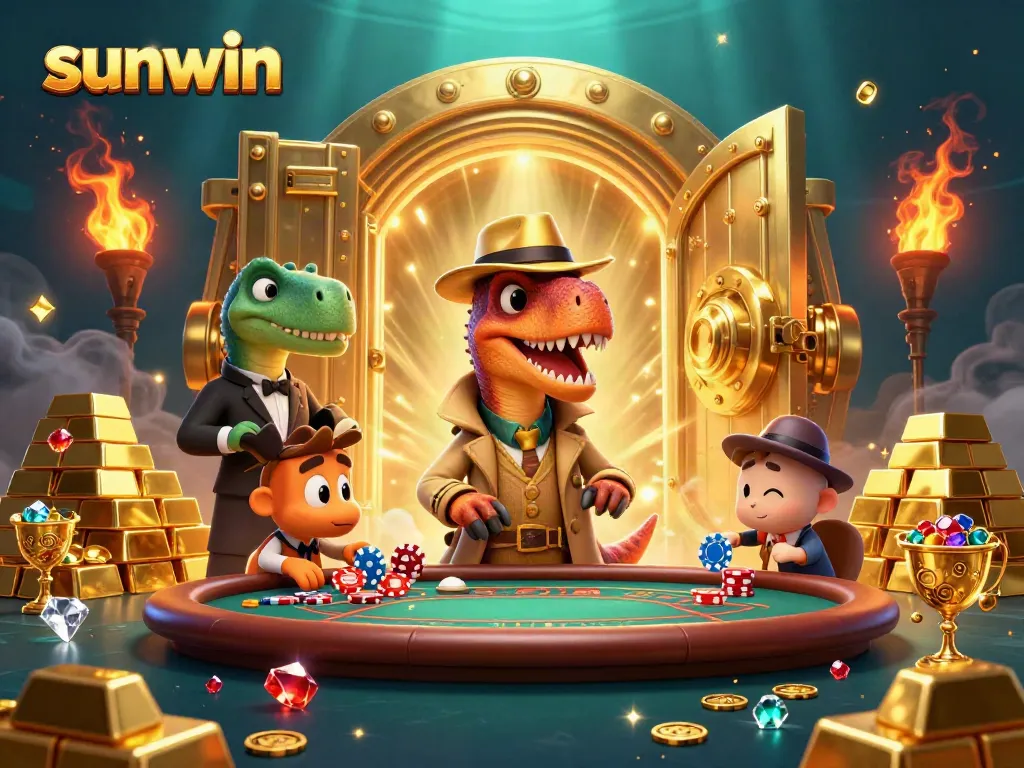 Engage in thrilling gameplay at Sunwin with a clever velociraptor counter at a blackjack table surrounded by riches.