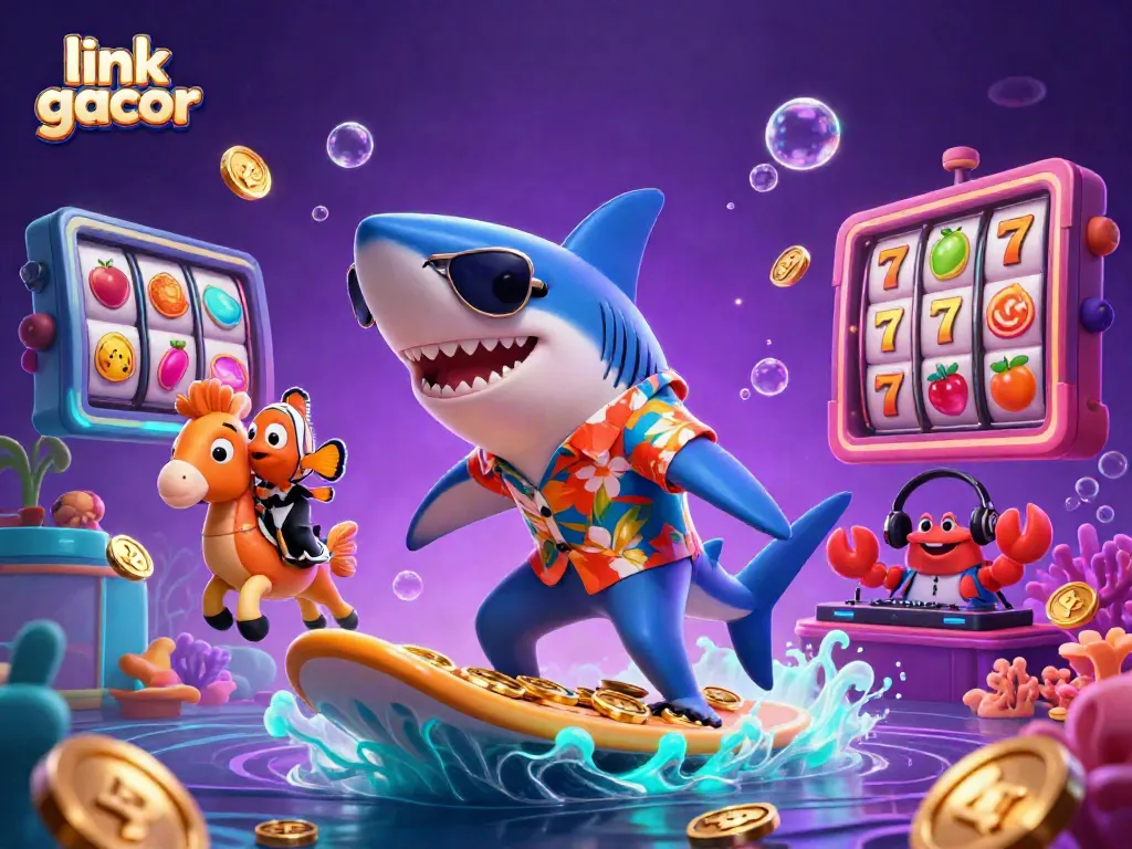 Experience excitement with link gacor as a hammer-head shark and friends celebrate winning slots in vibrant underwater scene.