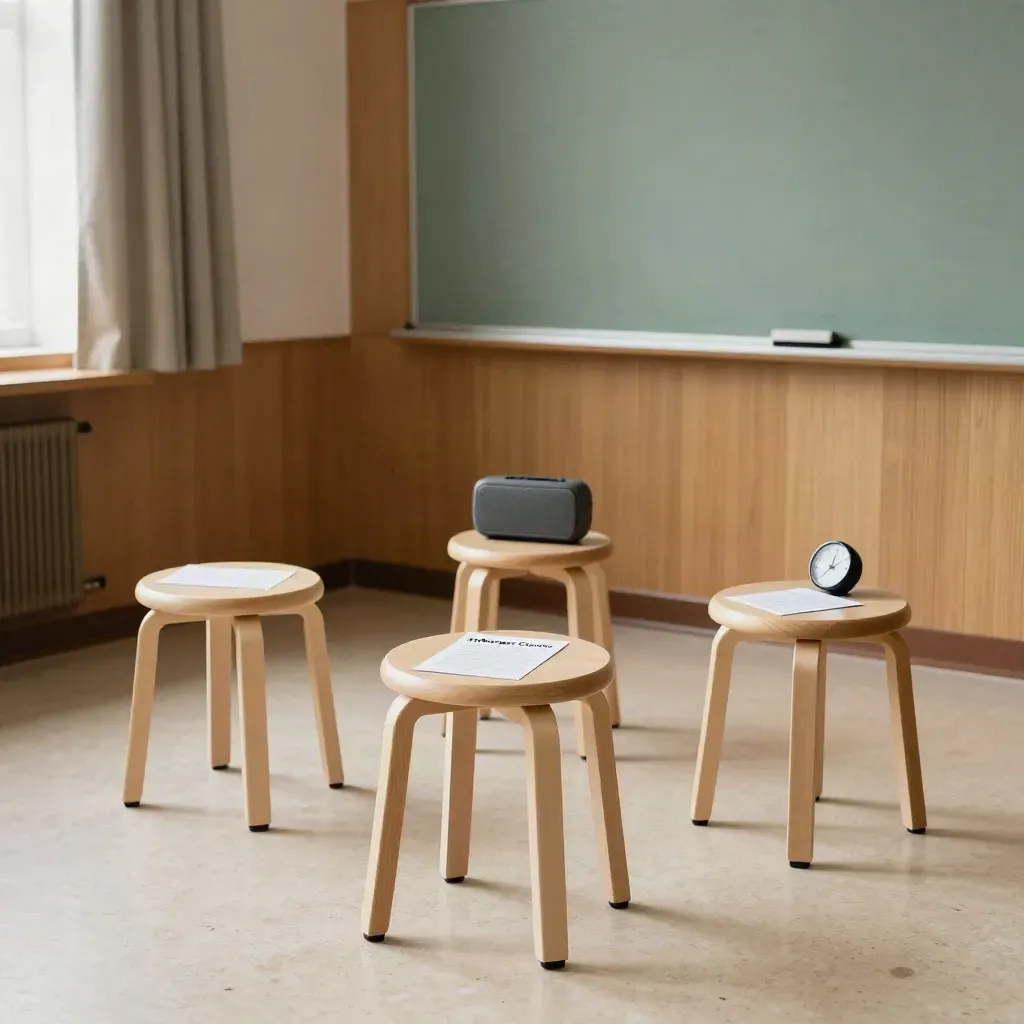 Drie krukken, een speaker en een timer in een rustige spreekhoek voor groepsoefening.