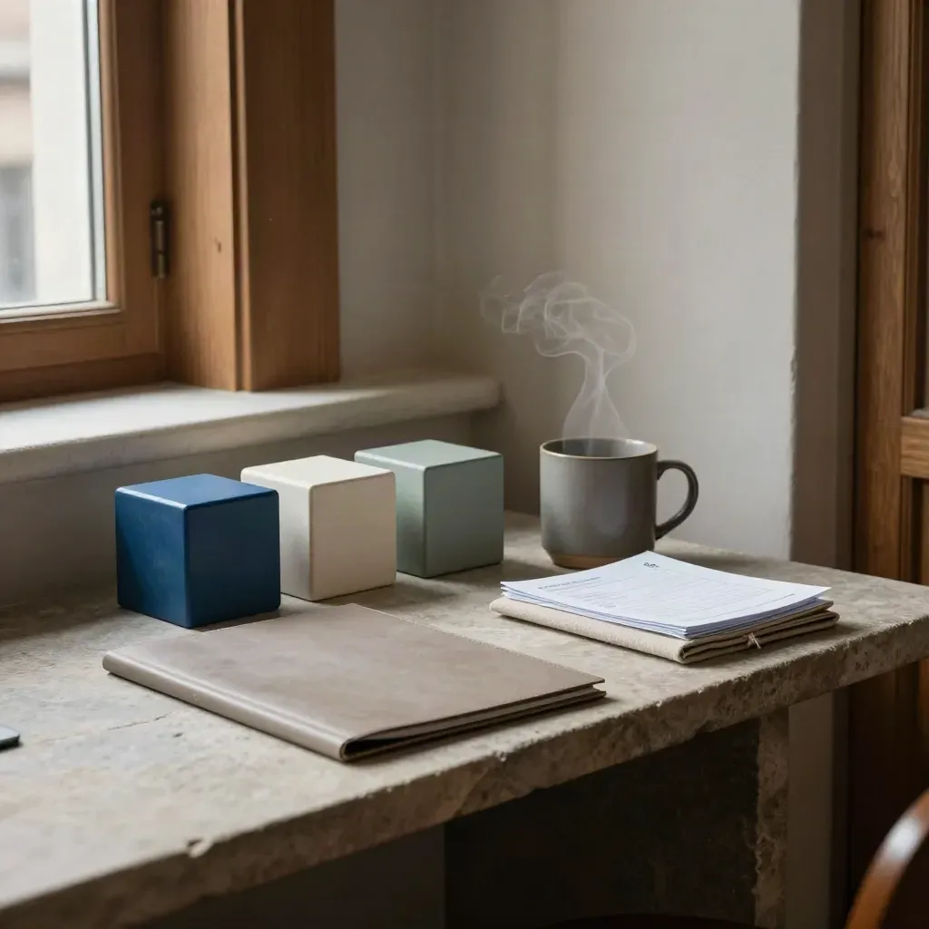 Inburgeringsintake met kleurblokken, map en mok op een stenen sidetable in zacht daglicht.
