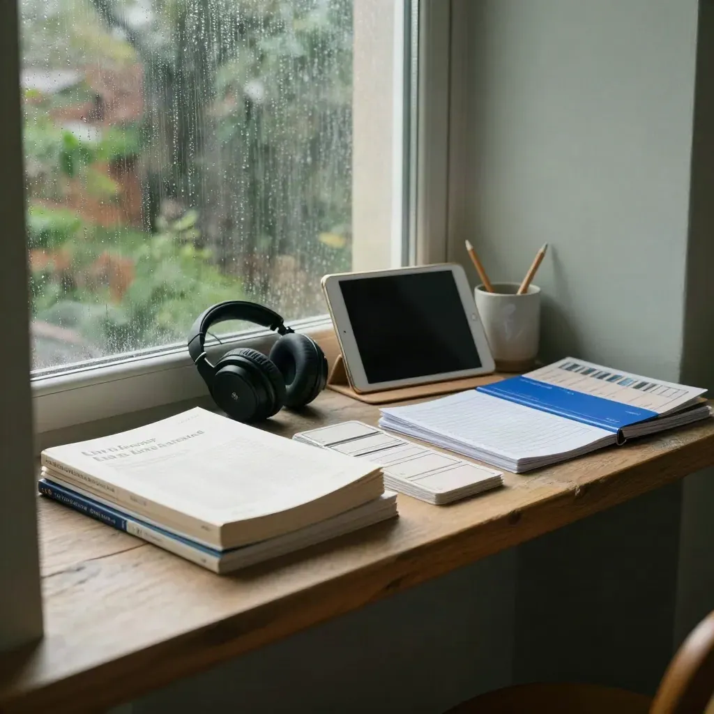 Studiehoek bij het raam met cursusmateriaal, regen op het glas en ochtendlicht.