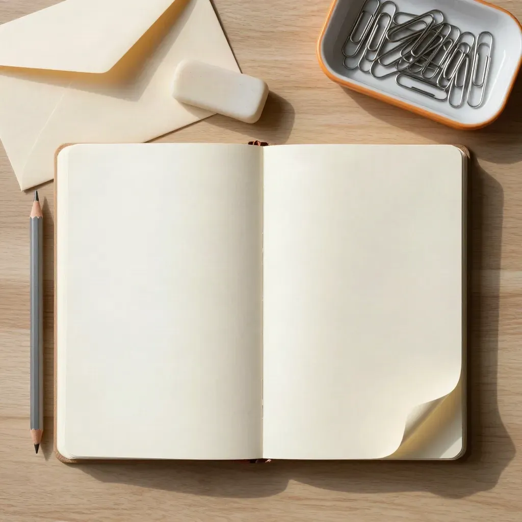 Bovenaanzicht van een open notitieboek, potlood, gum, envelop en paperclipbakje op licht eikenhout.