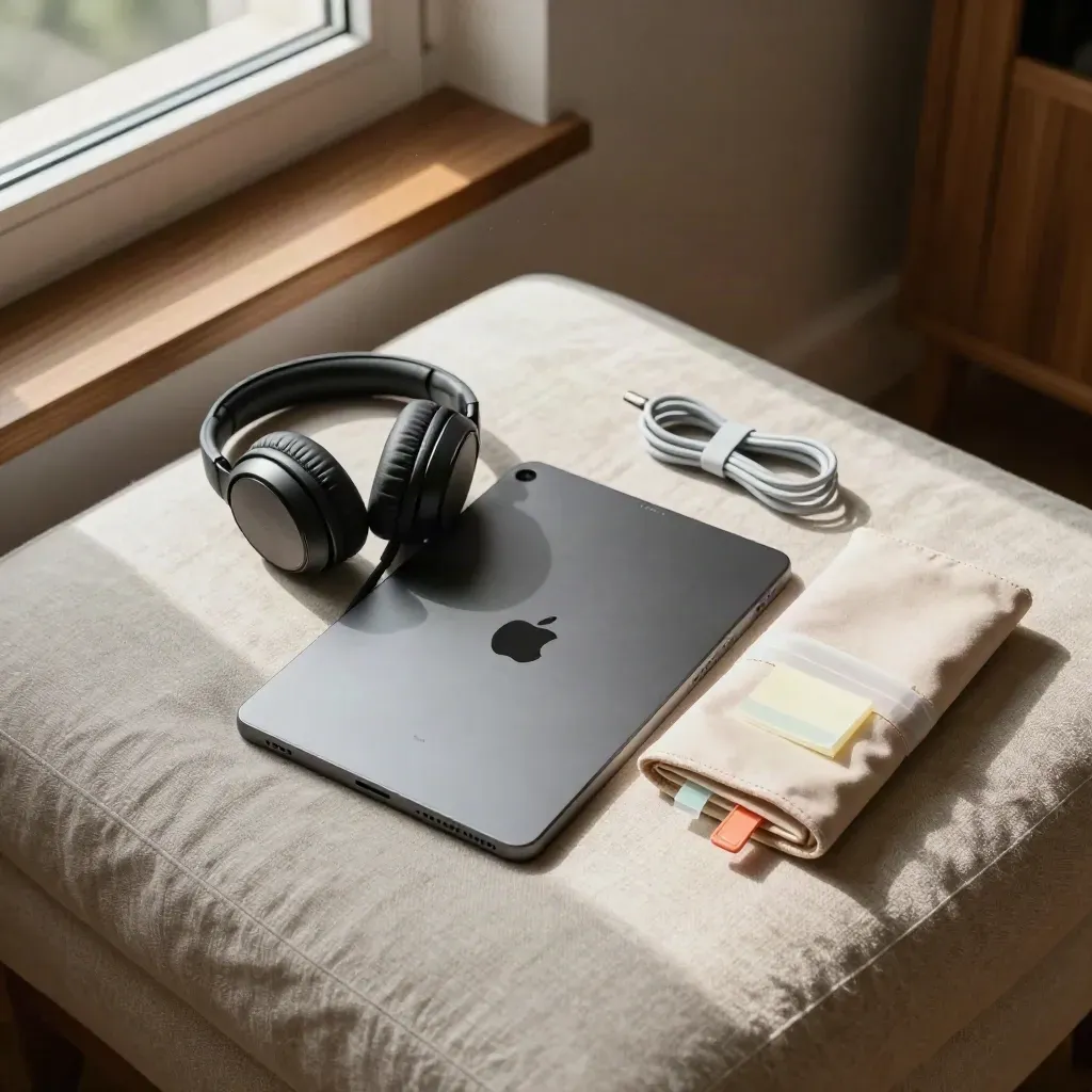 Bovenaanzicht van een gesloten tablet met koptelefoon, kabel en tabs in een warm studiepakket