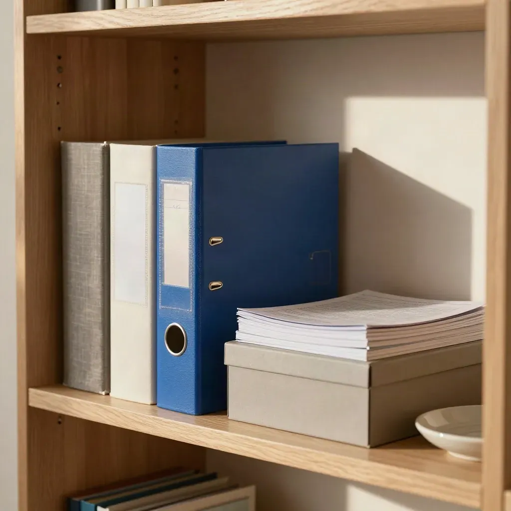 Blauwe ordners en flashcardboxen op een warme studeershelf bij raamlicht