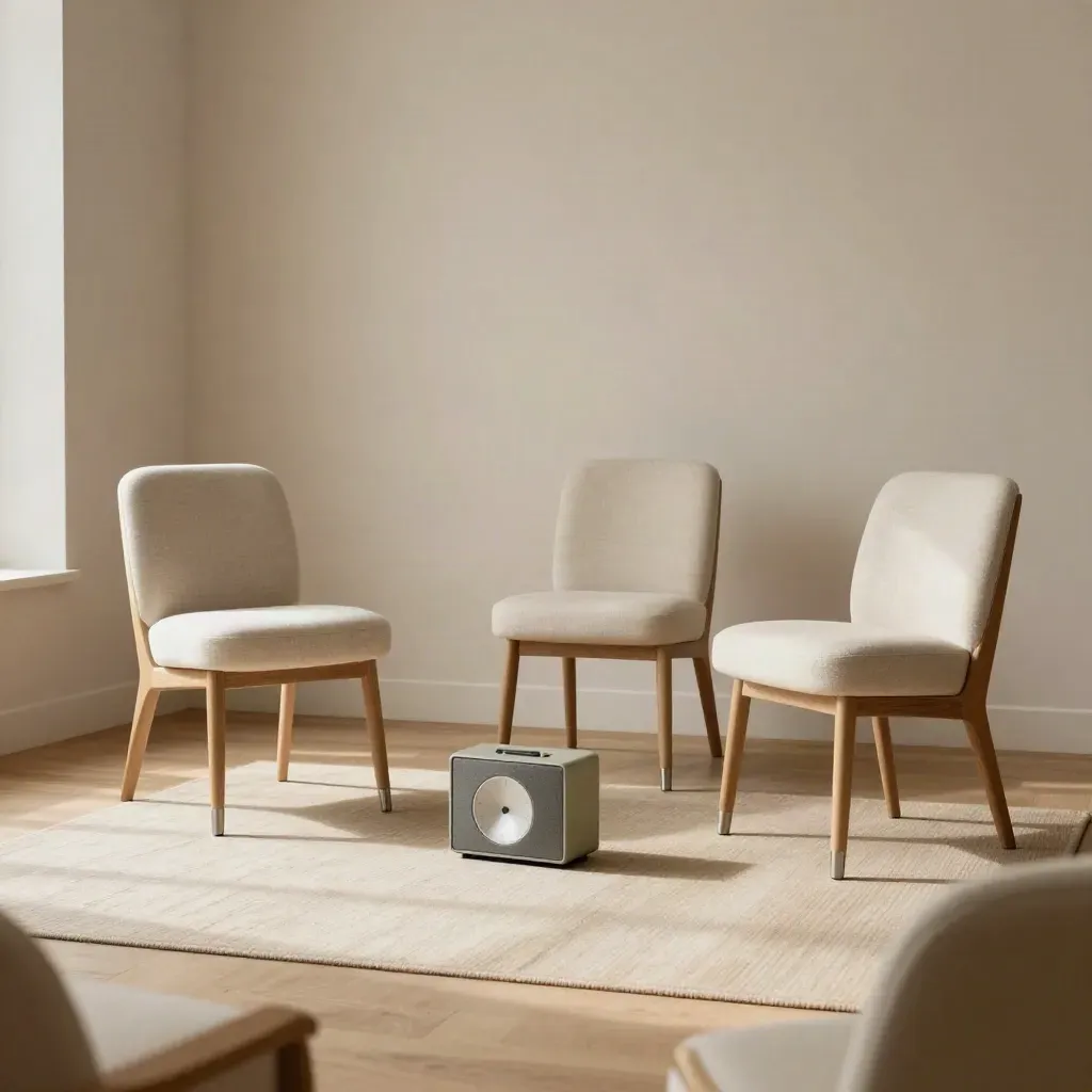 Lege spreekhoek met drie stoelen, een geresette timer en een kleine speaker in zacht daglicht.