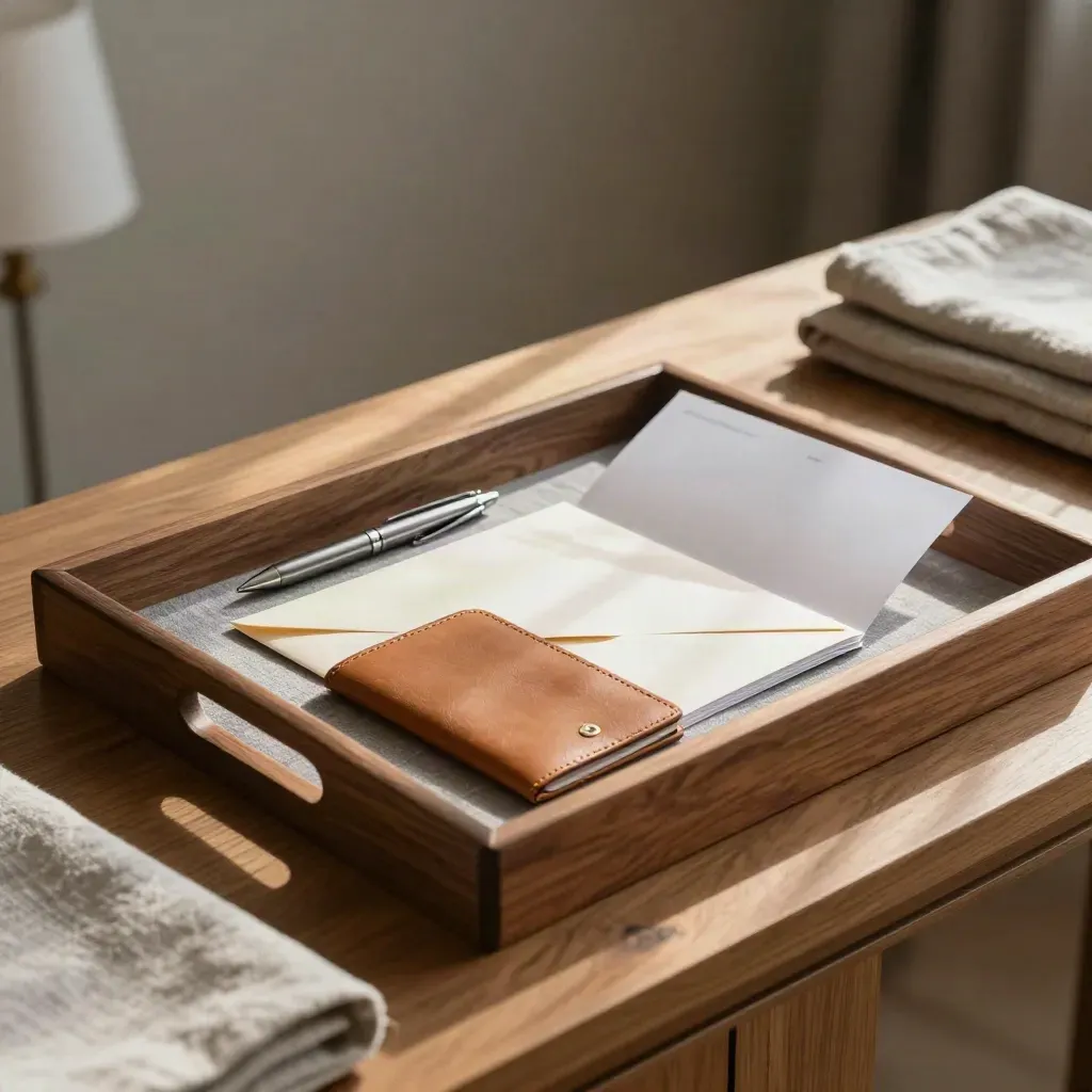 Admintray met paspoorthuls, envelop en formulieren op een houten sidetable in warm namiddaglicht.
