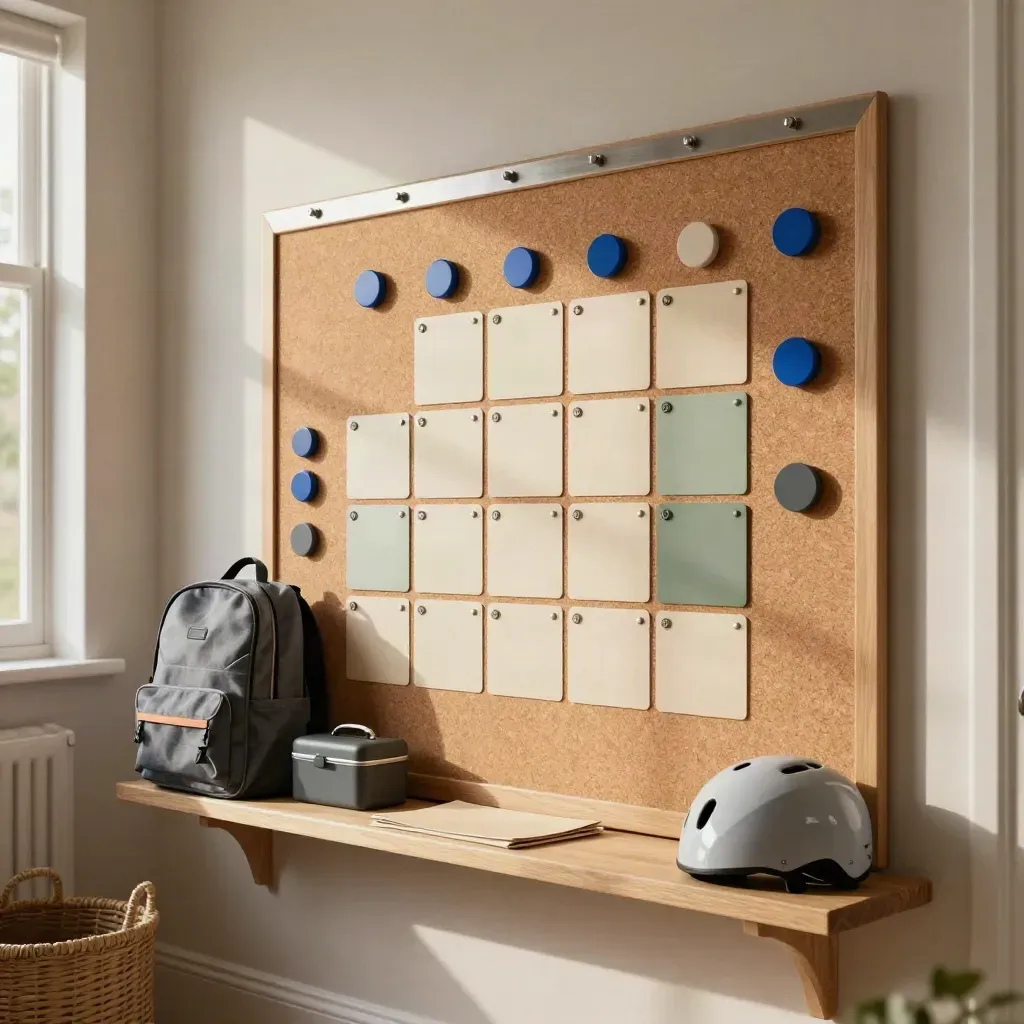 Wandbord met weekplanning, lunchbox, schooltas, fietshelm en map in een rustige hal.