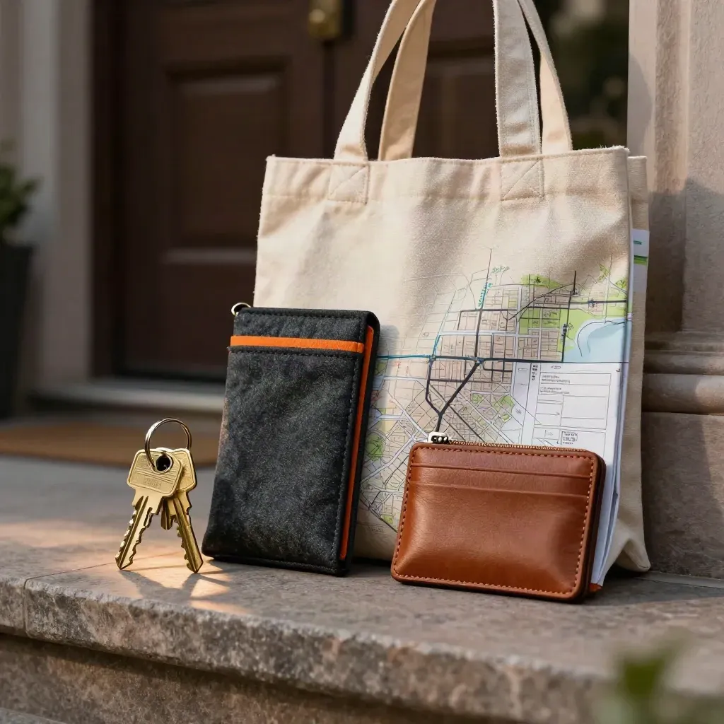 Sleutels, ov-sleeve, tote en kaartmap liggen klaar in een warm verlichte hal.