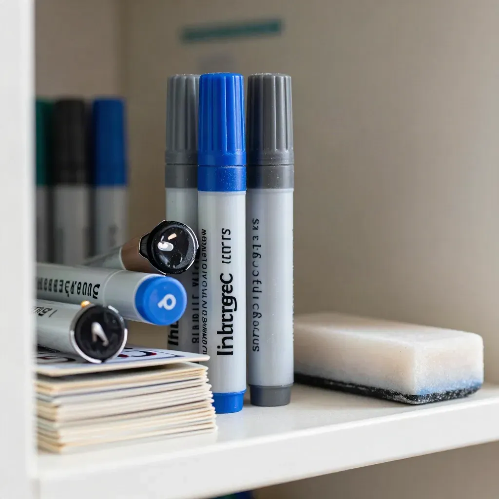 Markers, magnetletters en wisser op een travertijnen lesplank.