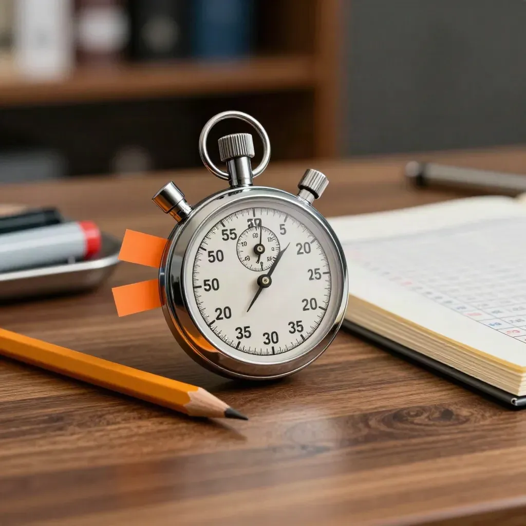 Stopwatch, correctiestickers en nakijkspullen in een donkere studio-opstelling.