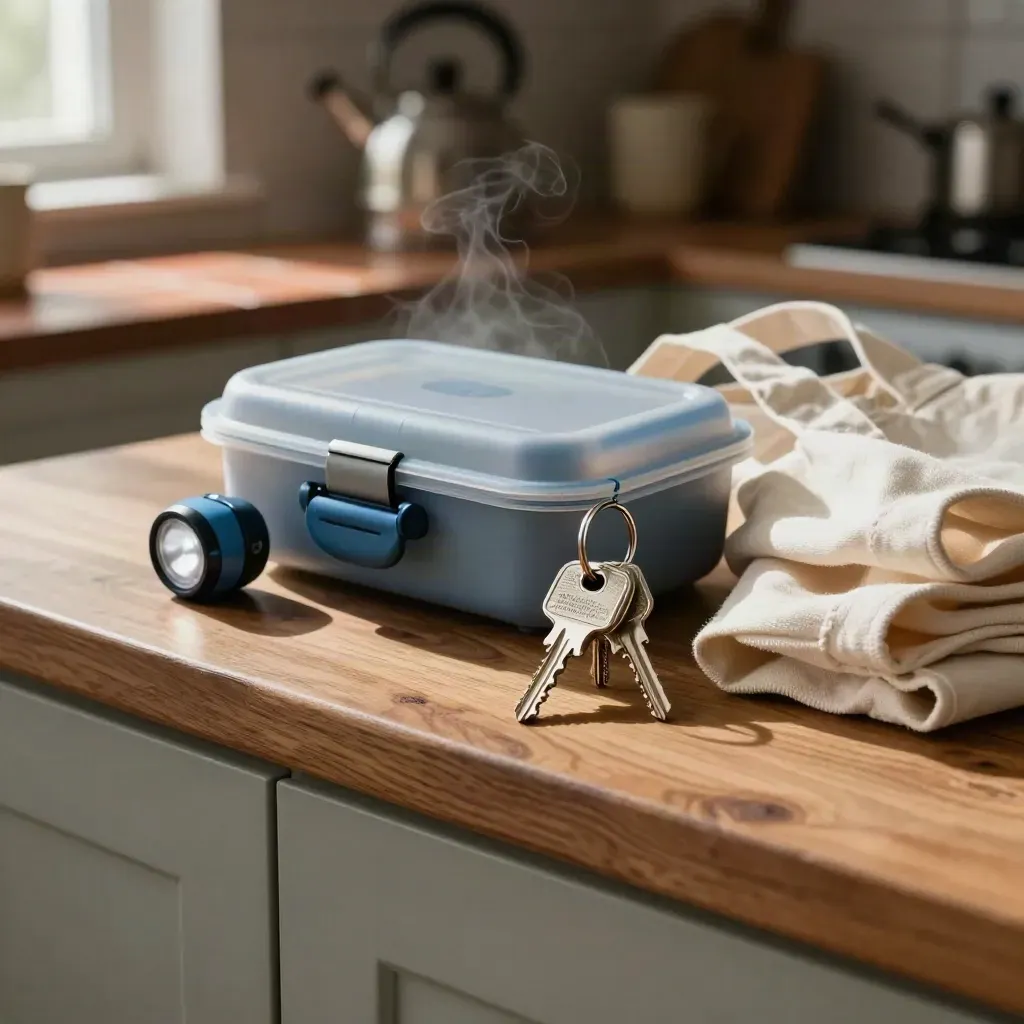 Sleutels, fietslicht, OV-kaart, lunchbox en tote op een warme keukenbank