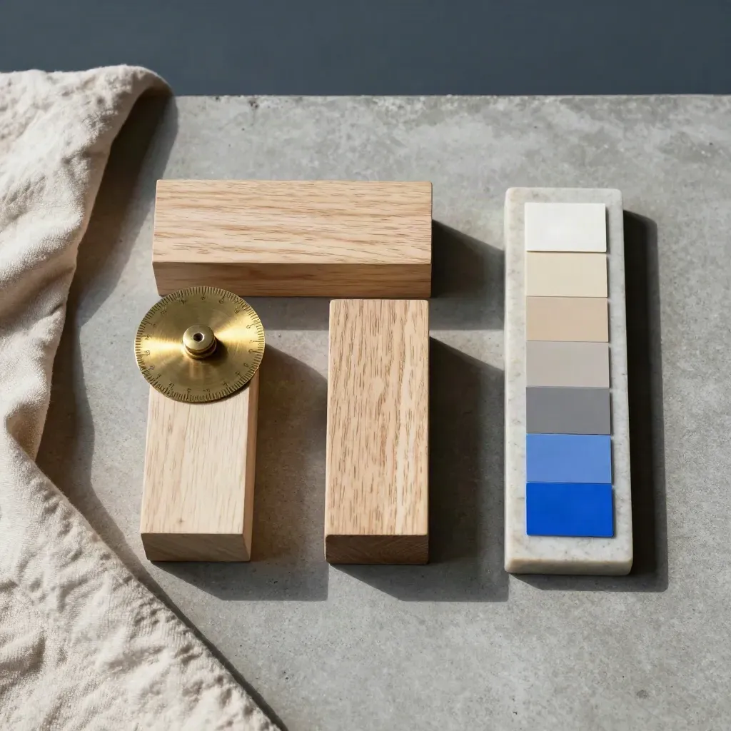 Bovenaanzicht van houten blokjes, brass ring en kleurtabs op beton.