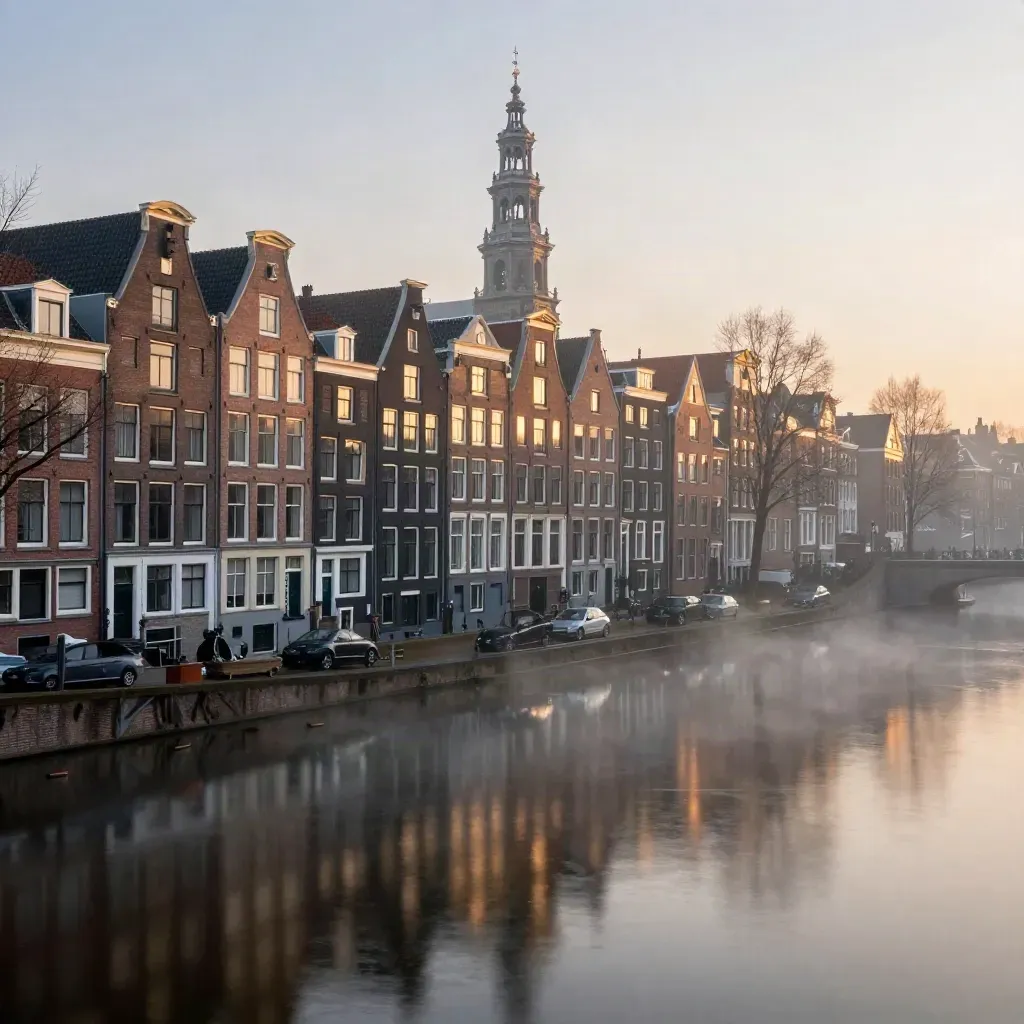 Amsterdamse grachten en een slanke kerktoren boven stil water in warm ochtendlicht.