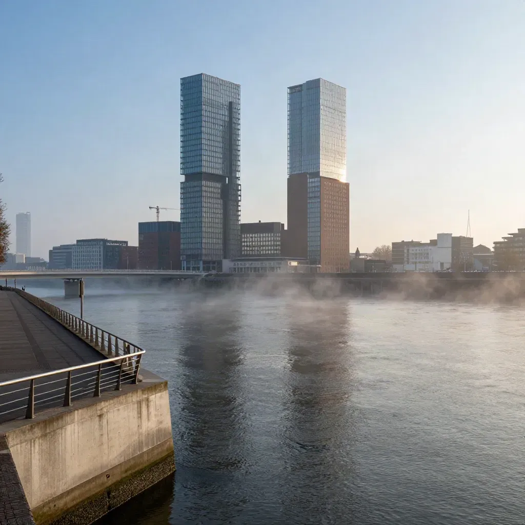 Erasmusbrug boven rustige Maas met mist en skyline van Rotterdam