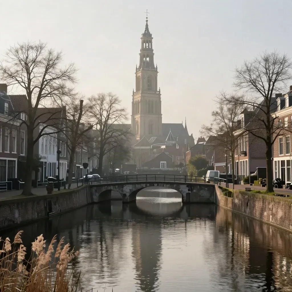 Uitzicht op Delft met de Nieuwe Kerk boven stille grachten en ochtendmist.
