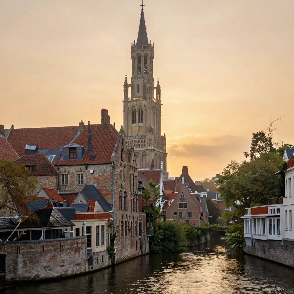 Domtoren boven Utrechtse grachten in warme zonsondergang met rustige ruimte voor copy