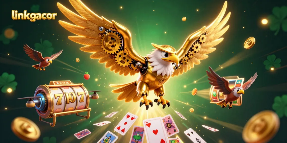 Experience the dynamic world of slot gacor with cascading holographic cards and a cybernetic eagle.