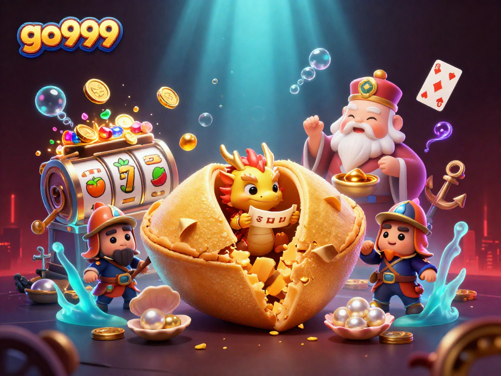 Experience the excitement of go999 with a vibrant, dynamic casino-themed 3D illustration featuring lucky dragons and fortune cookies.