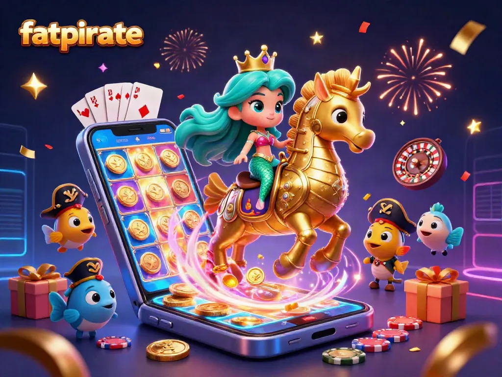 Experience the thrill of fatpirate slots with a vibrant illustration featuring a mermaid princess and rich casino elements.