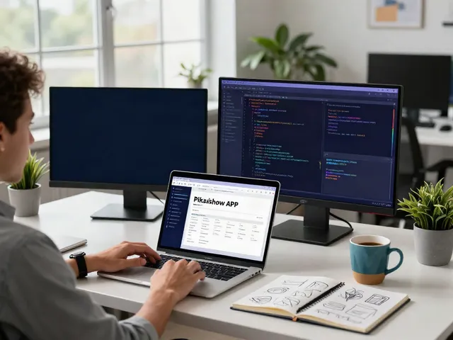 Workspace with a user downloading the Pikashow APK for Windows, showcasing coding on screens in a bright, modern office.
