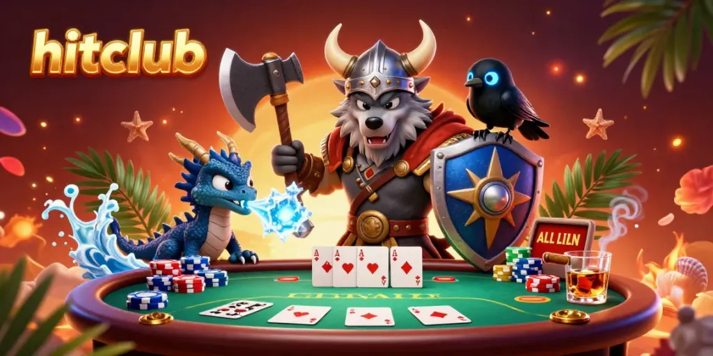 Experience the thrill of hitclub with a Viking wolf and dragon amidst casino excitement.