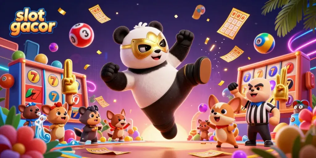 Engaging slot gacor scene with a panda wrestler, lively spectators, and lottery elements bursting with excitement.