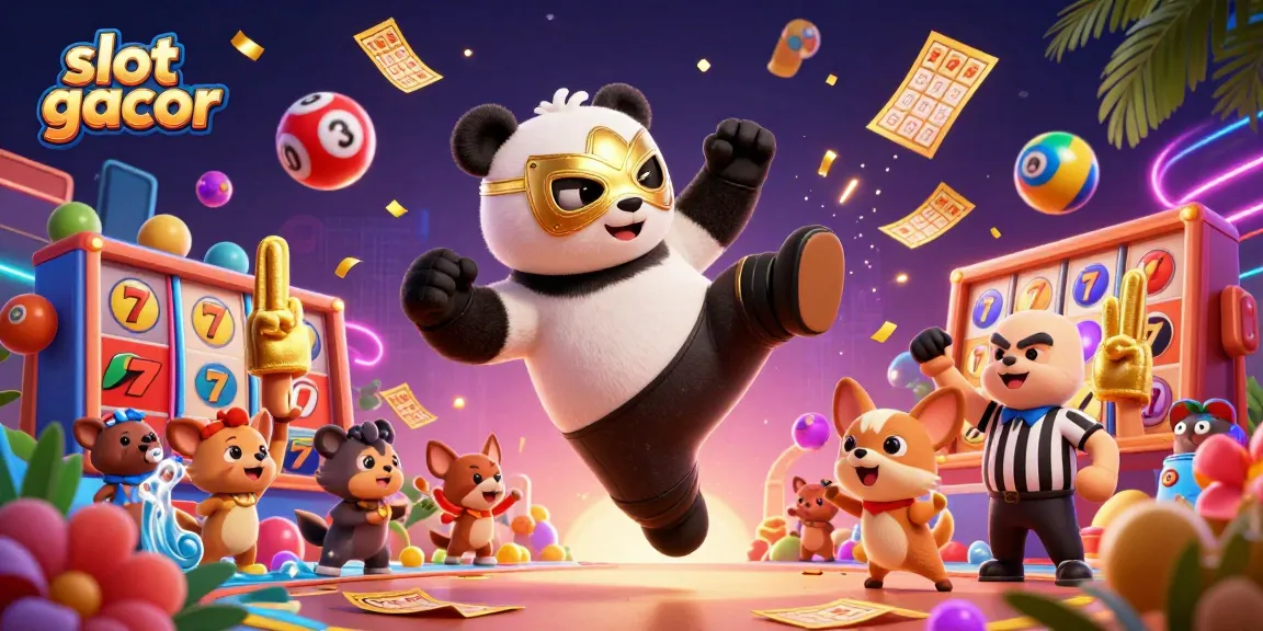 Engaging slot gacor scene with a panda wrestler, lively spectators, and lottery elements bursting with excitement.