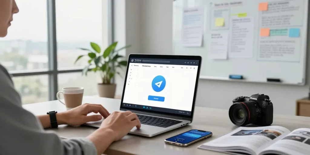 Person engaging with the Telegram Web Version in a modern office workspace setting.