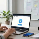 Person engaging with the Telegram Web Version in a modern office workspace setting.
