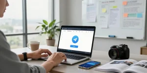 Person engaging with the Telegram Web Version in a modern office workspace setting.