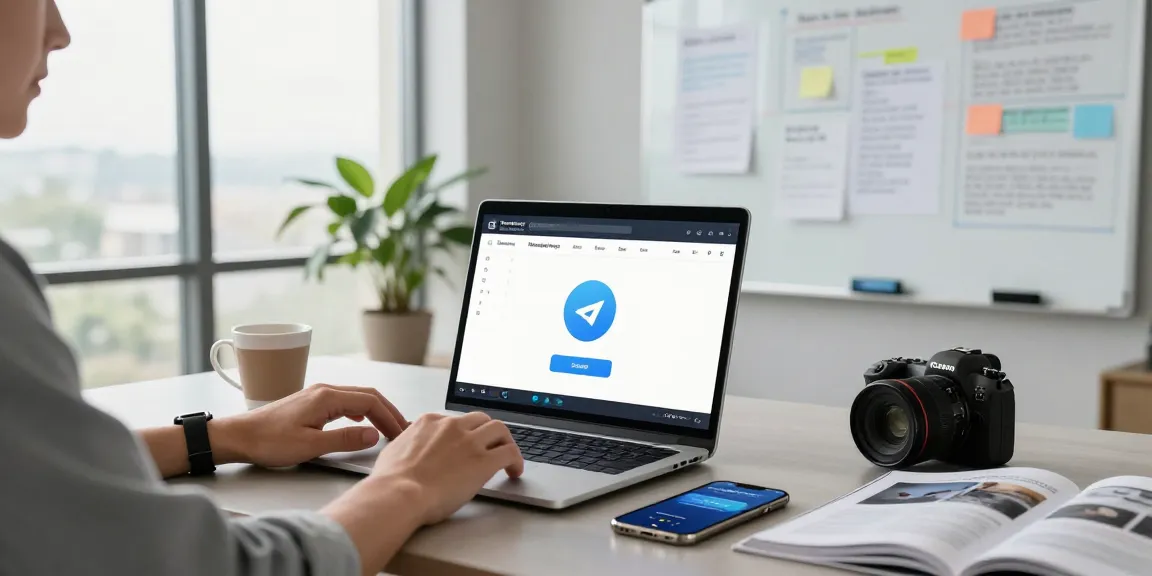 Person engaging with the Telegram Web Version in a modern office workspace setting.