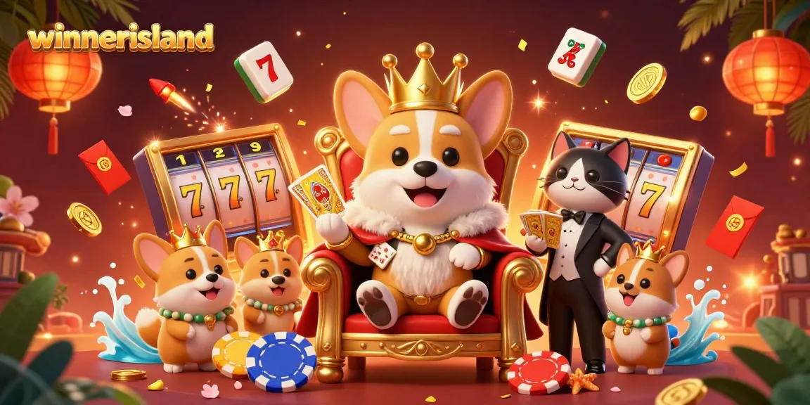 Engage with winnerisland thrills in a vibrant casino scene featuring royal corgis and classic game elements.