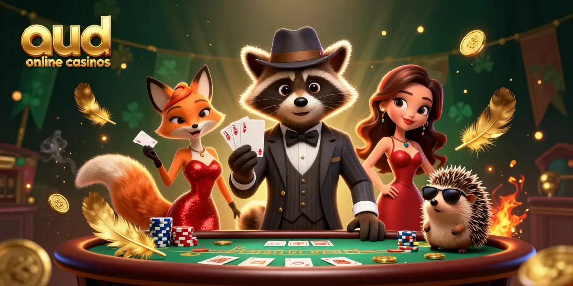 Explore intense gameplay at aud online casinos featuring raccoon, fox, and hedgehog companions.