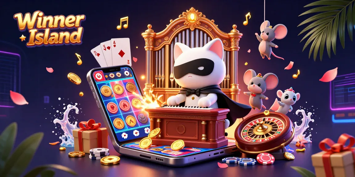 Play exhilarating games at Winner Island Casino with vibrant characters, slots, and immersive scenes.